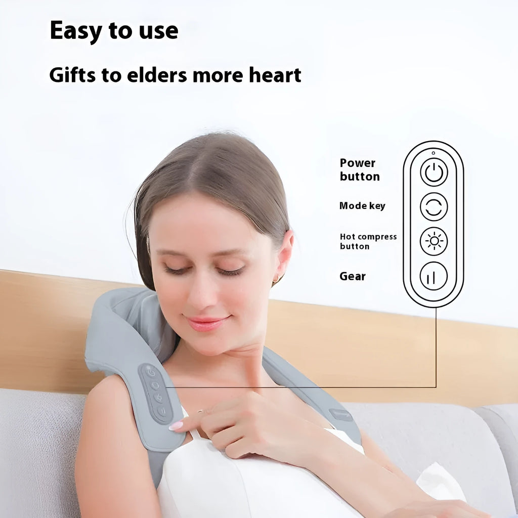 Grey elastic fabric portable massager with USB charging cable for neck back and waist infrared physiotherapy