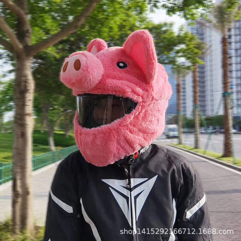 Pink pig cartoon plush motorcycle helmet protective hood made from soft pv velvet cloth