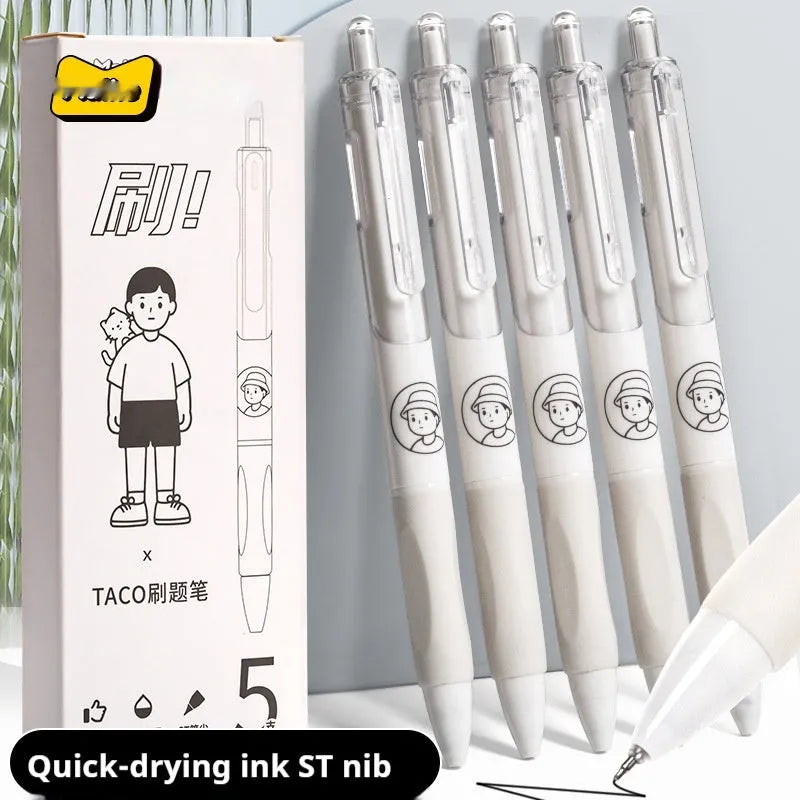 Five 0.5mm black ballpoint pens with plastic shells for student writing