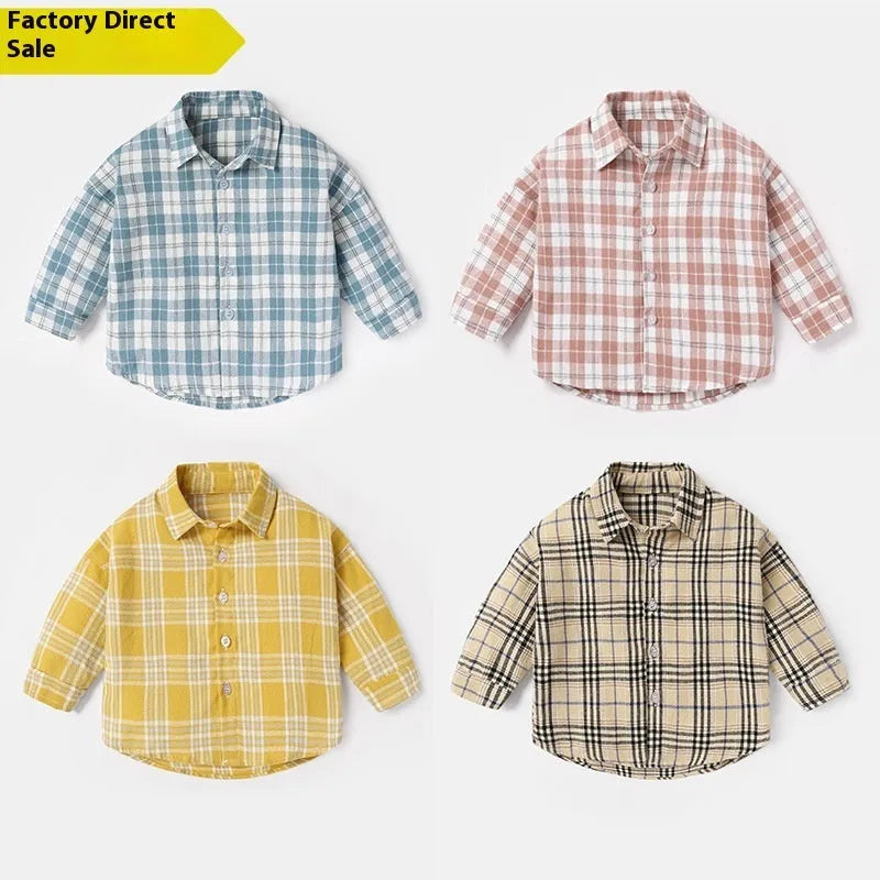 Boys' cotton lattice shirt with animal patterns in khaki, available in Asian sizing for heights 73cm to 110cm