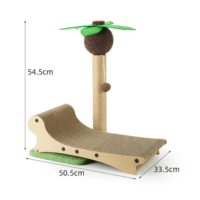 Solid wood beach chair style cat climbing frame with integrated hideaway nest and hemp-wrapped scratching column.