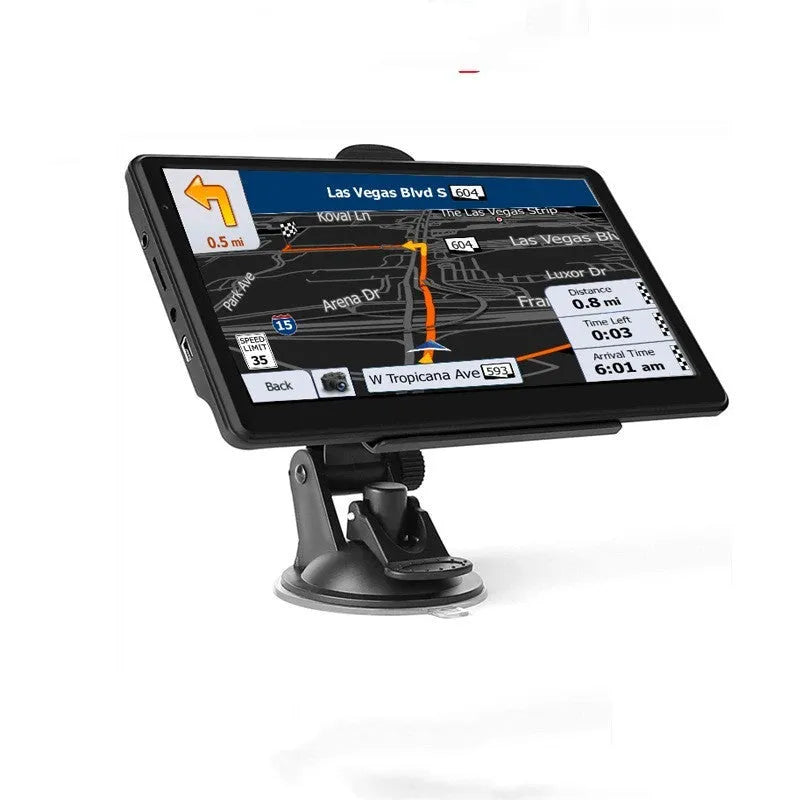 Black portable car GPS navigation device with 7 inch screen mounted on a bracket and car charger.