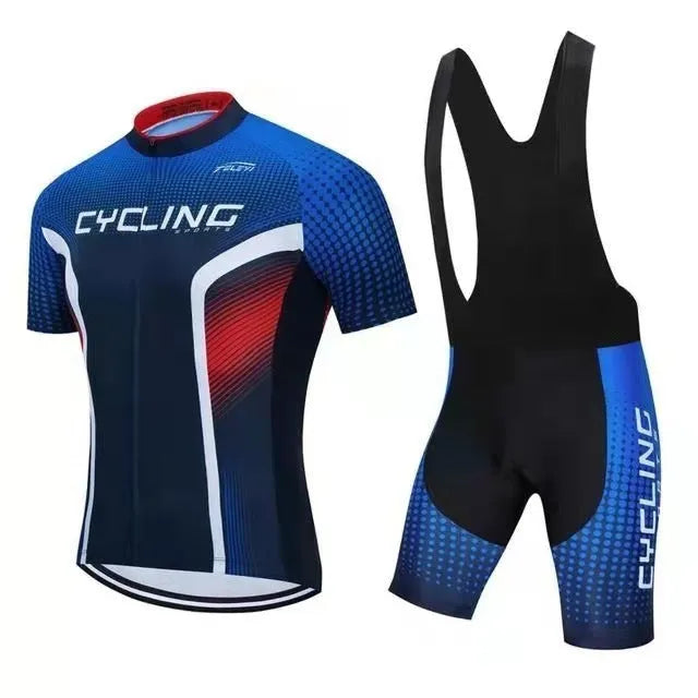 Cycling jersey and shorts set with moisture-wicking fabric in various style options for summer cycling