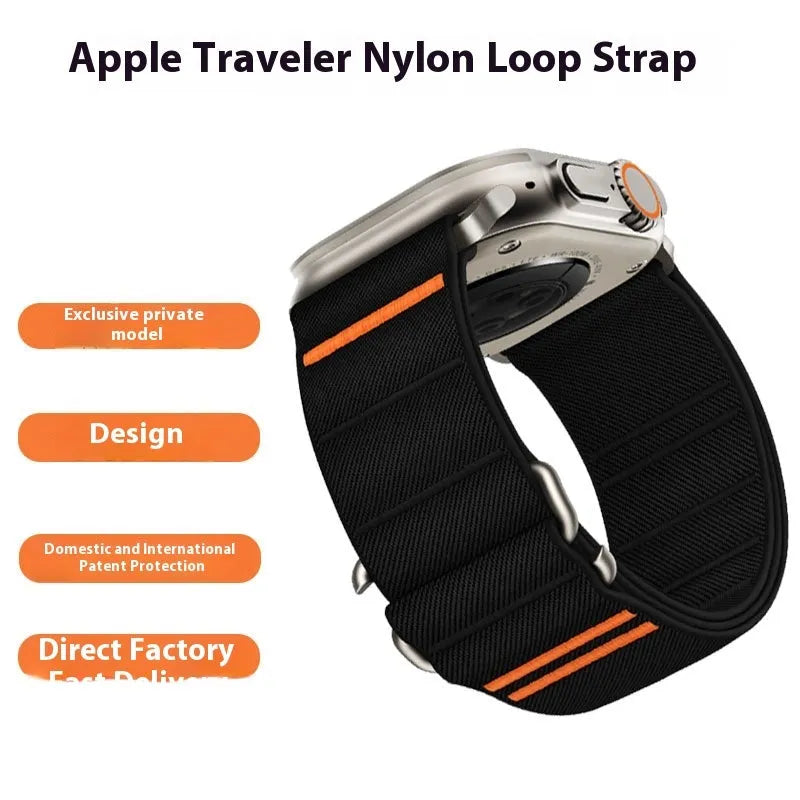Elastic nylon Apple Watch replacement band with stainless steel buckle in various colours.