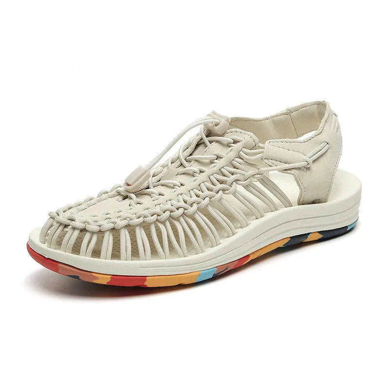 Woven sandals with elastic drawstring tie in rainbow colour with rubber sole