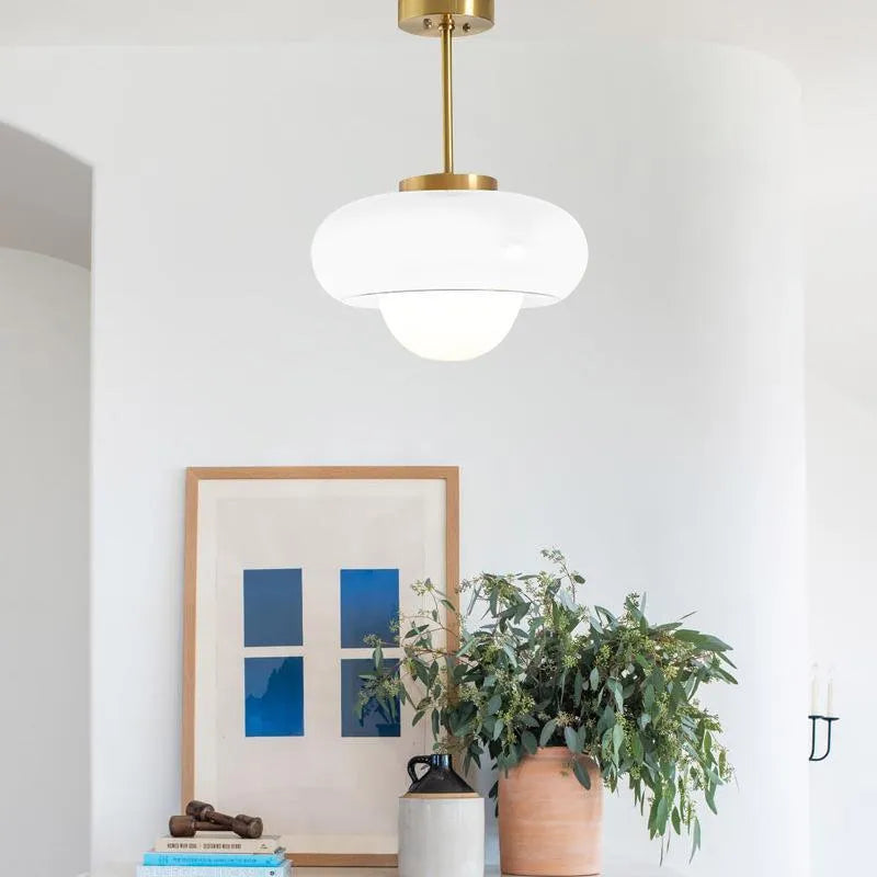 Bauhaus retro style glass pendant ceiling light with three egg tart shaped shades in milk white finish.