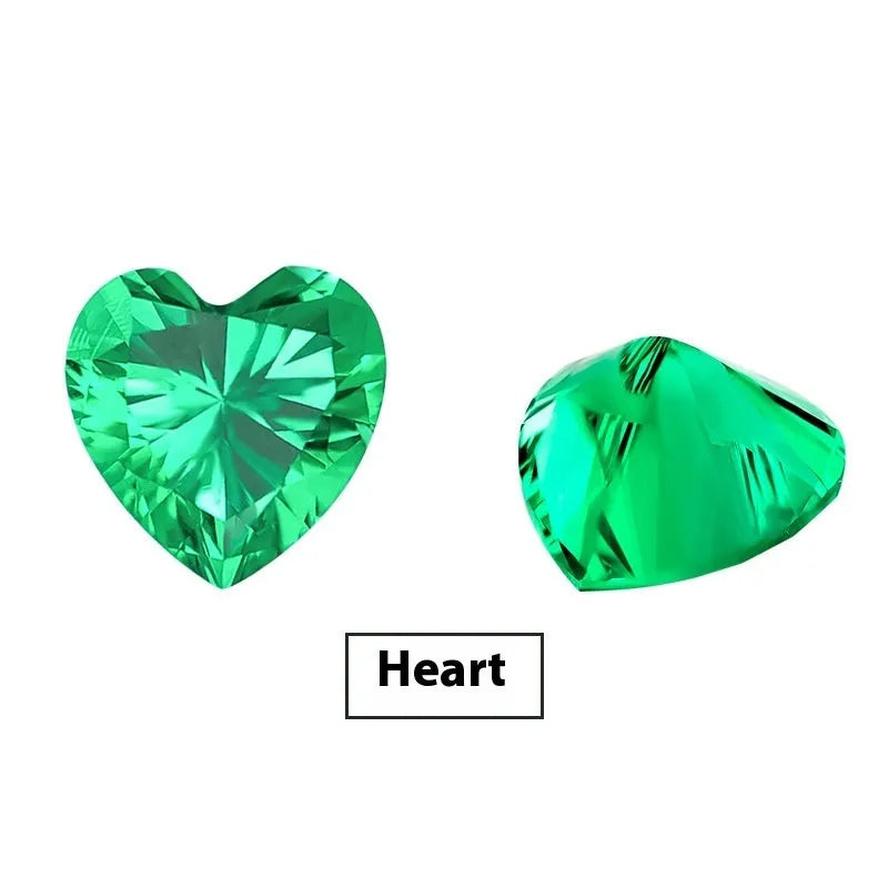 Synthetic emerald gemstone in Columbia green treasure colour showing round and rectangular cut options.
