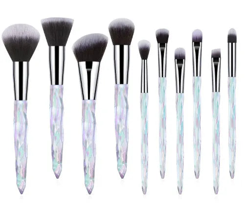 Set of ten crystal-handled foundation brushes with synthetic fibre heads in four colour options