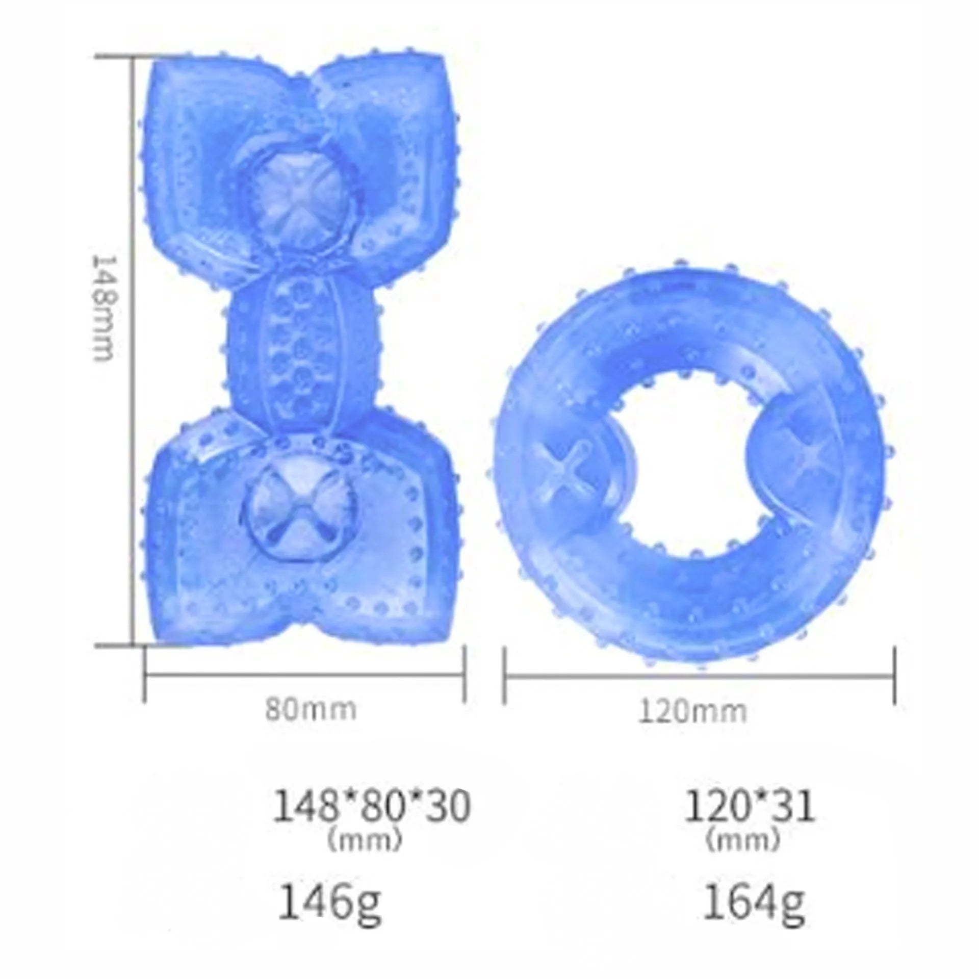Freezable dog chew toy in bone and circle shapes for cooling and teething relief.