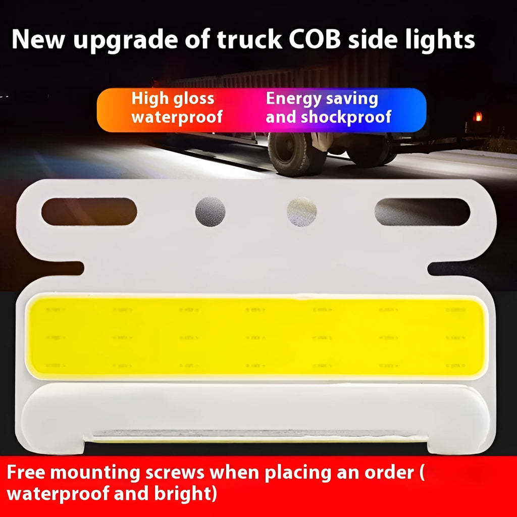 Waterproof aluminium alloy COB LED side light for 12v and 24v trucks in red, yellow, green, blue, or white.