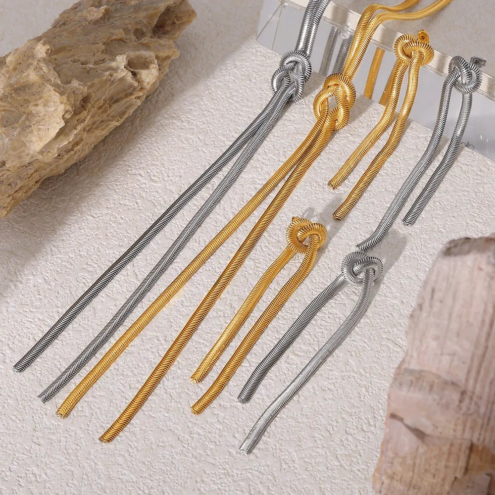 Gold knotted tassel snake chain long necklace with matching earrings set