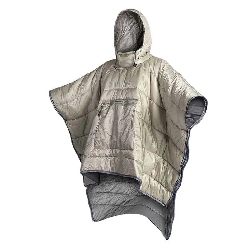 Adult-sized grey outdoor cloak sleeping bag with waterproof nylon exterior shown in wearable cape configuration