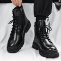 Men's black mid-top waterproof leather boots with rubber soles on size label