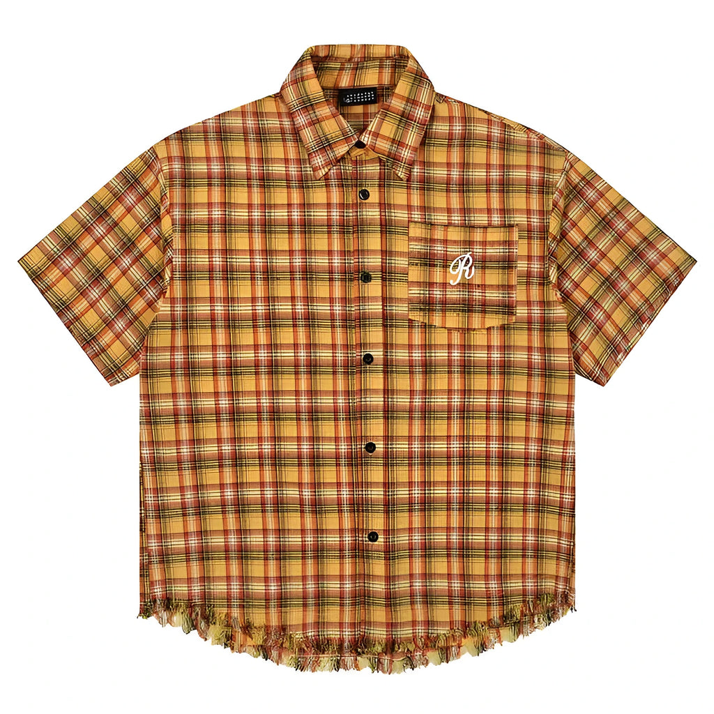 Yellow grid plaid short sleeve shirt with loose fit and embroidery pocket