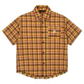 Yellow grid plaid short sleeve shirt with loose fit and embroidery pocket