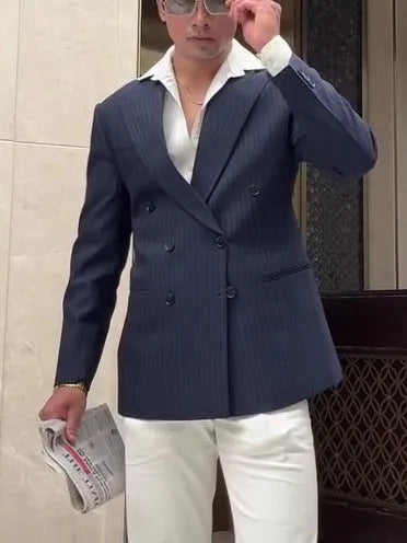 Men's classic striped double-breasted blazer on a hanger, regular fit.