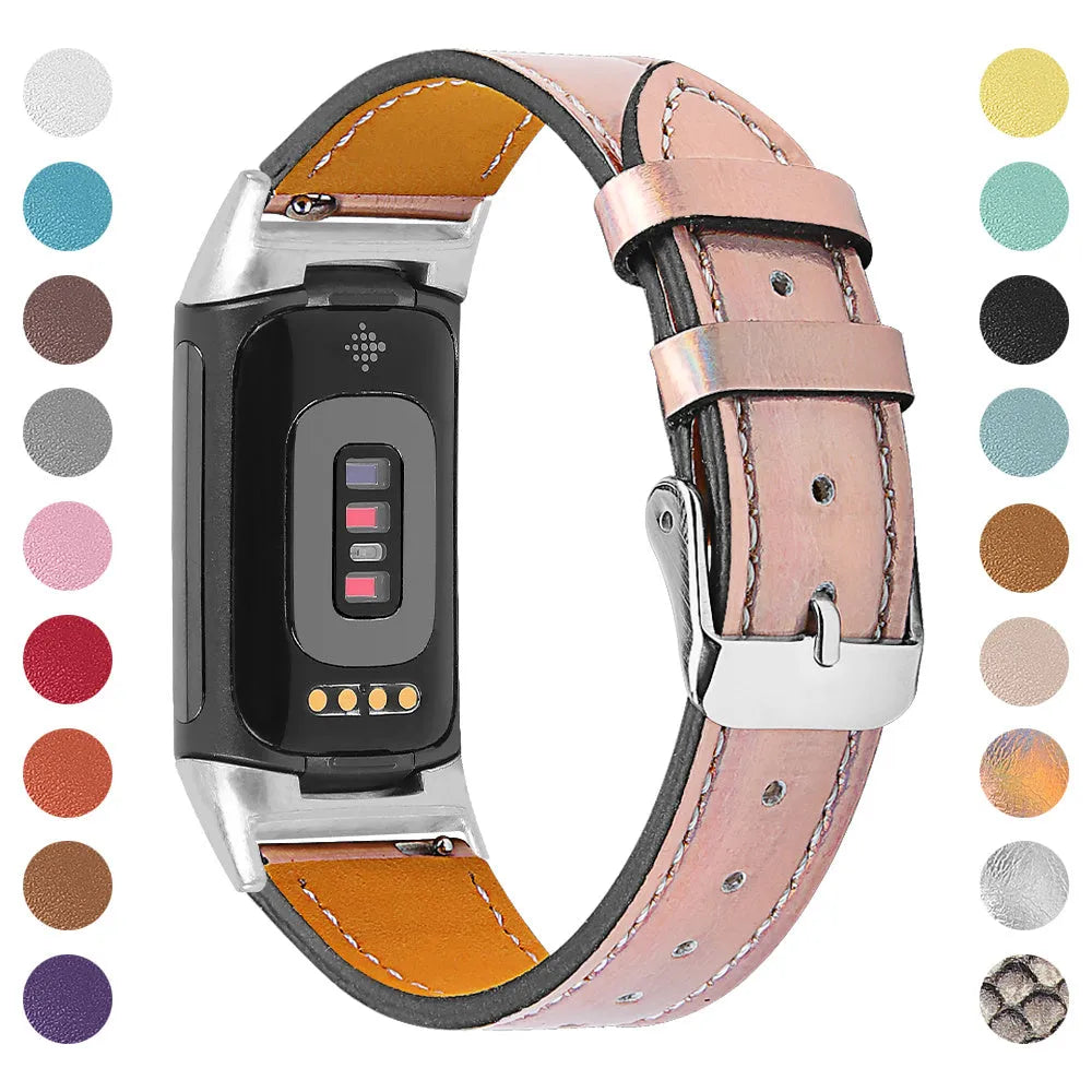 Genuine cowhide leather replacement strap for Fitbit Charge 5 and Charge 6 smartwatch in multiple colours.