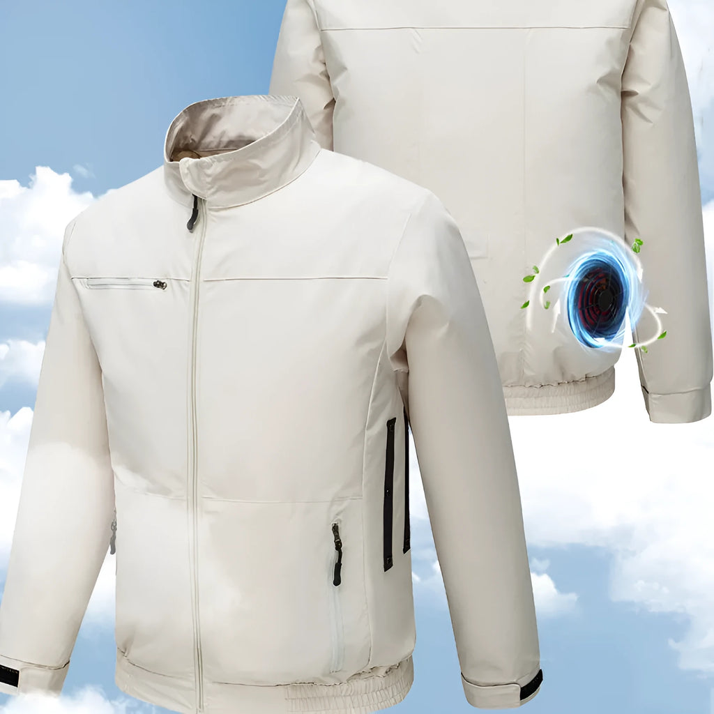 Men's black smart air conditioning jacket with ventilation holes for a portable fan, laid flat.
