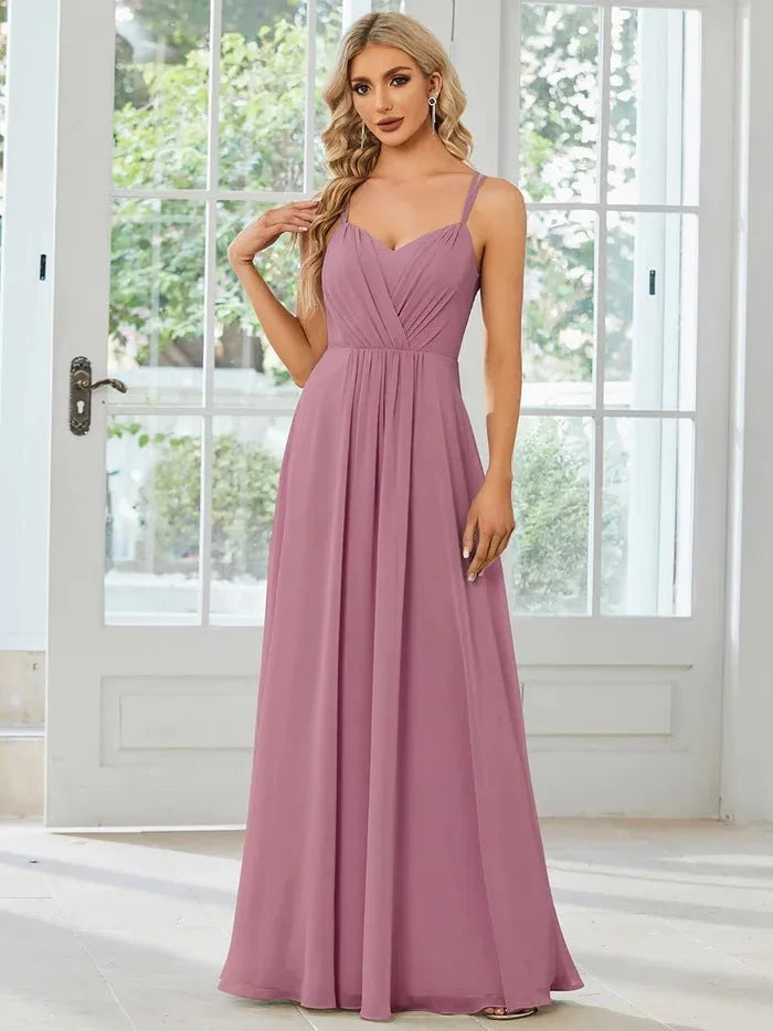 Women's sleeveless long pleating dress in solid color A-line skirt style available in light green navy blue and wine red