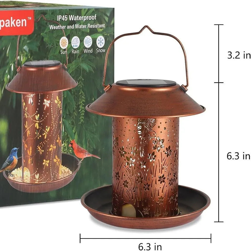 Iron art solar-powered bird feeder lamp with hummingbird design for outdoor gardens.