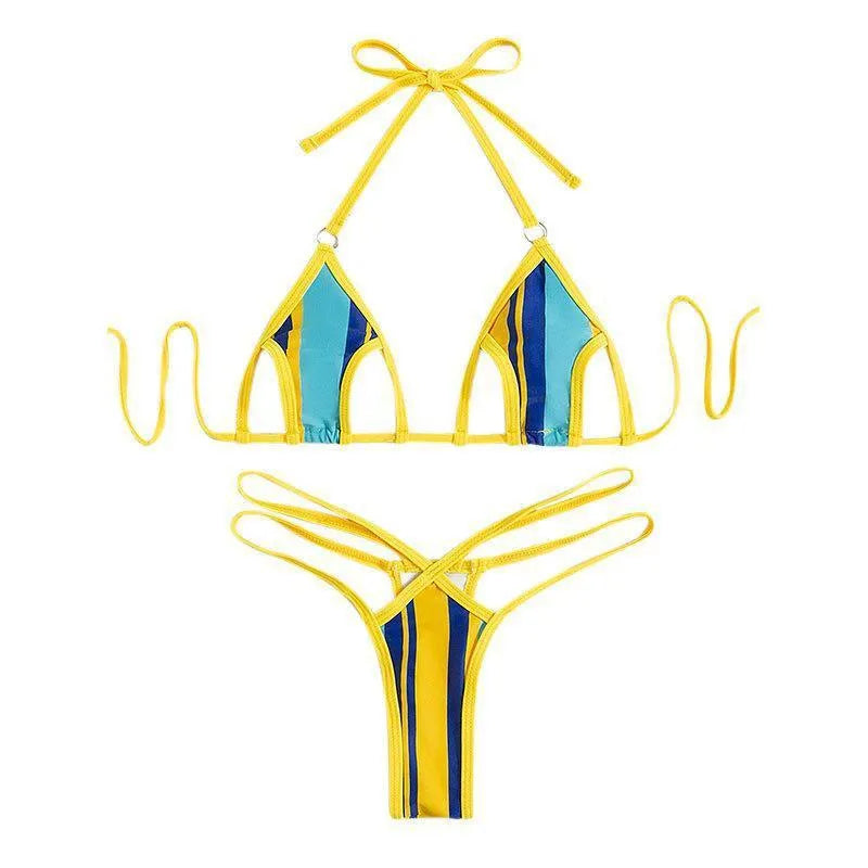 Yellow women's split swimsuit with neck-hanging style and hollow back design