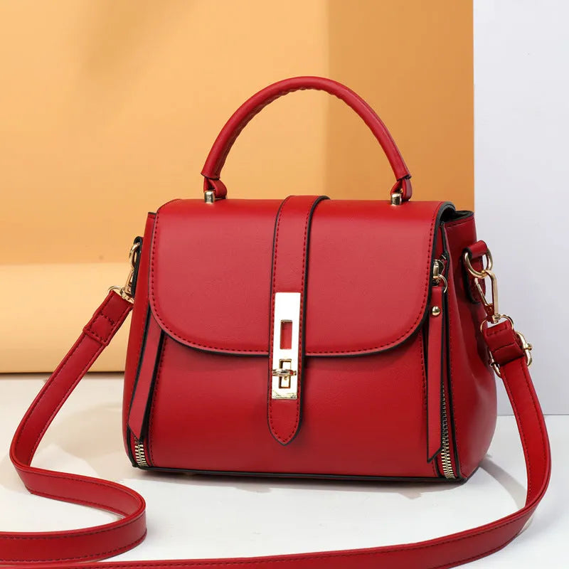 Soft PU leather women's messenger bag in a square vertical shape, shown in one of four colours.