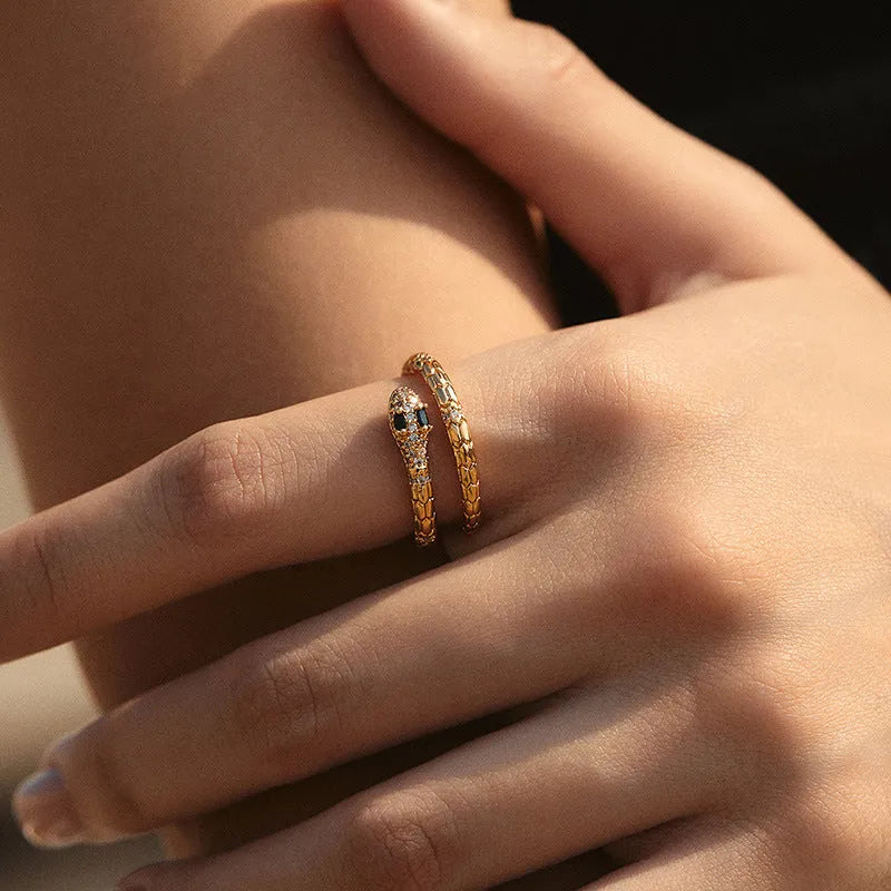Adjustable snake-shaped copper ring with 18K gold colour plating for index finger