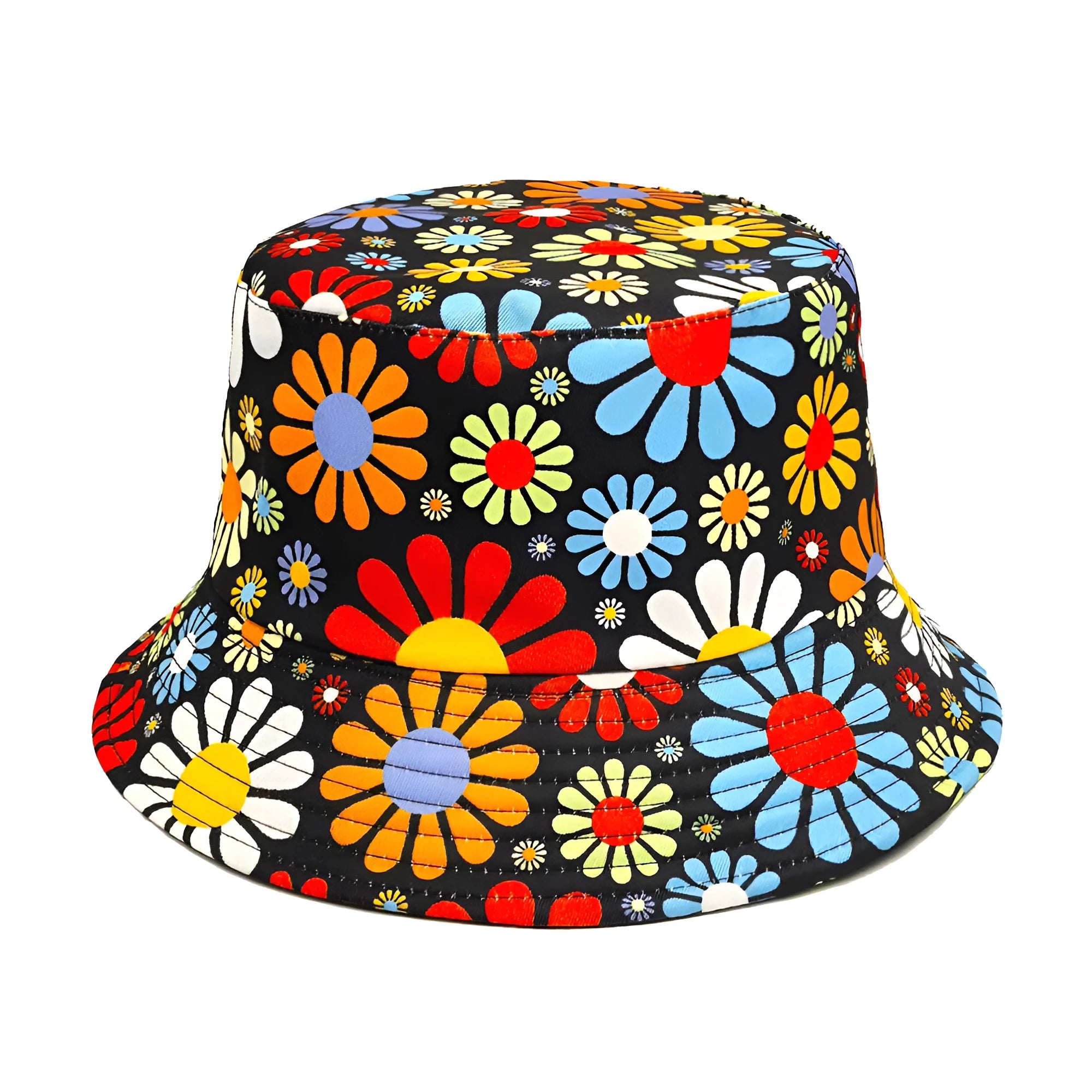 Colourful floral pattern polyester bucket hat with dome crown in size M