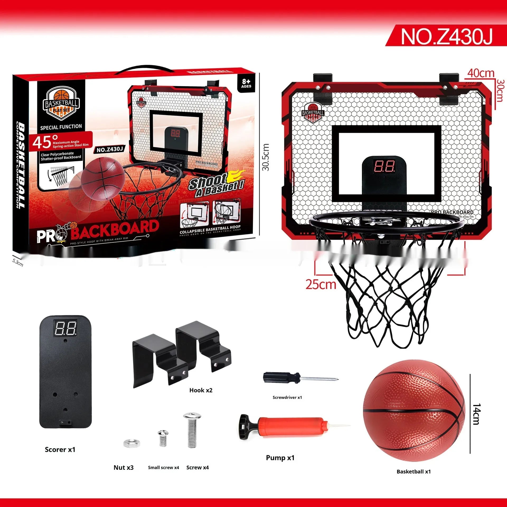Red and blue folding basketball frame toy with suction cups mounted on a wall, shown with a basketball.