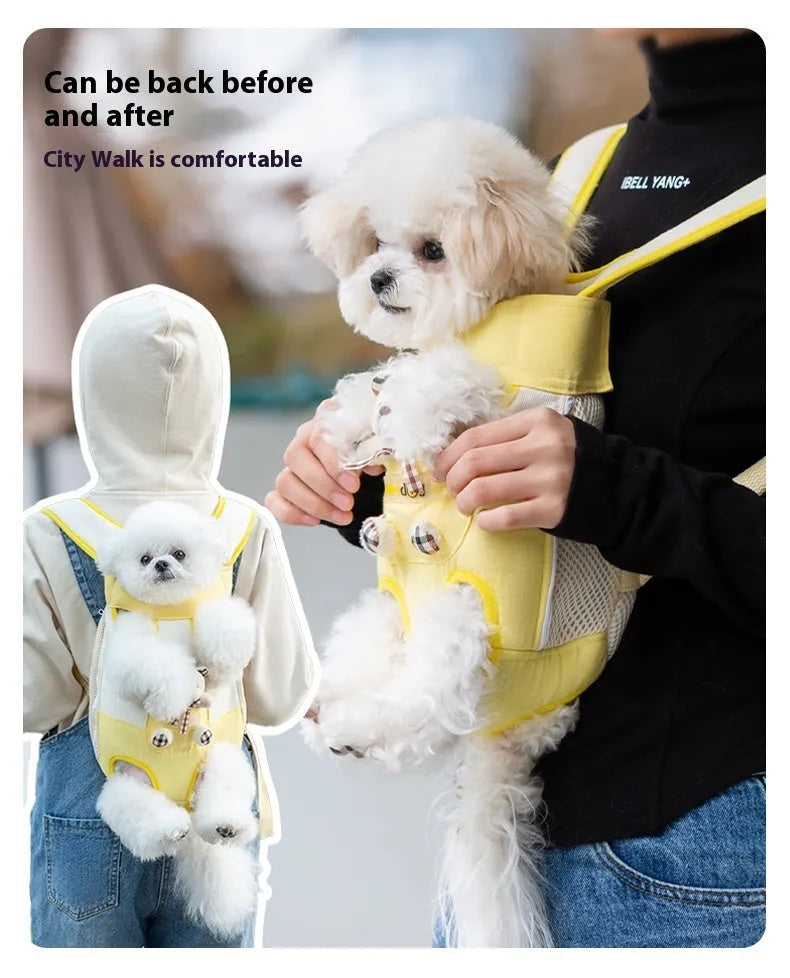 Cartoon animal pattern pet carrier chest bag in soft canvas with decorative ribbon and colourful stitching