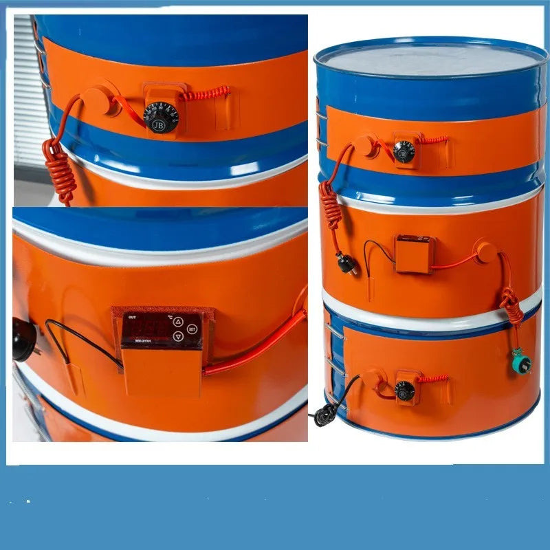 Silicone rubber heating belt wrapped around a 200-litre oil drum with digital control unit.