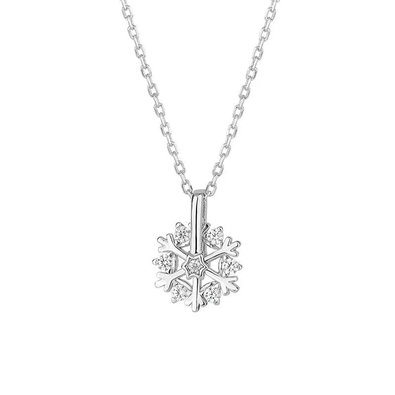 Pure silver rotating snowflake necklace with electroplated finish on adjustable cross chain for women