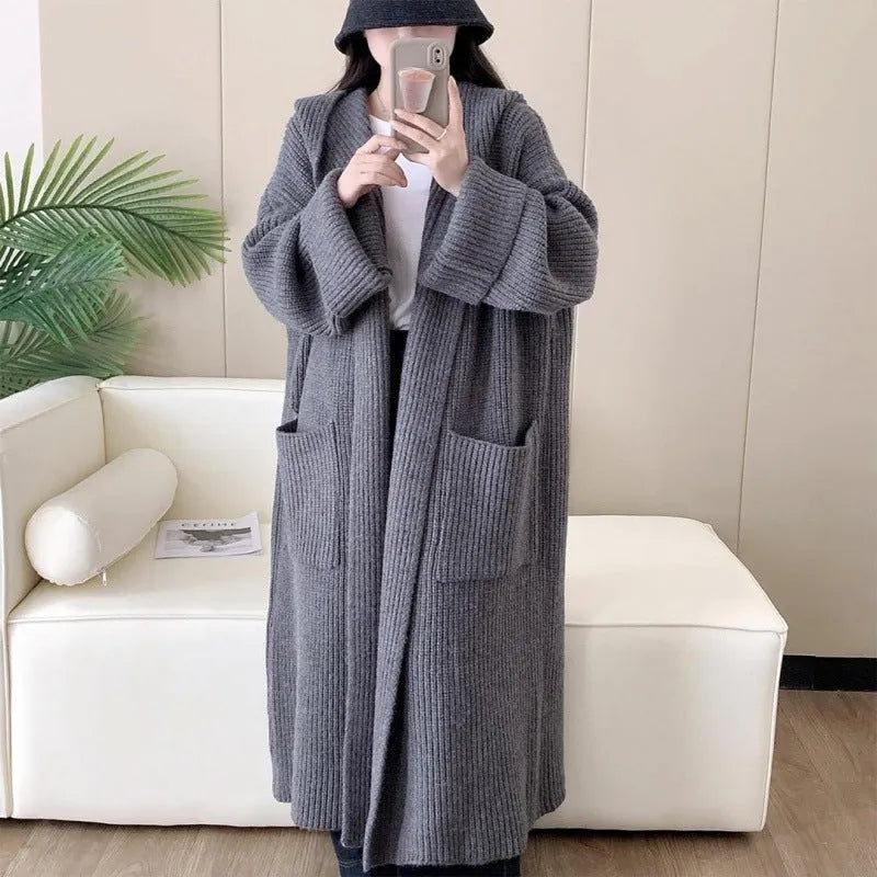 Women's loose hooded cardigan coat in acrylic fibre with 80cm length