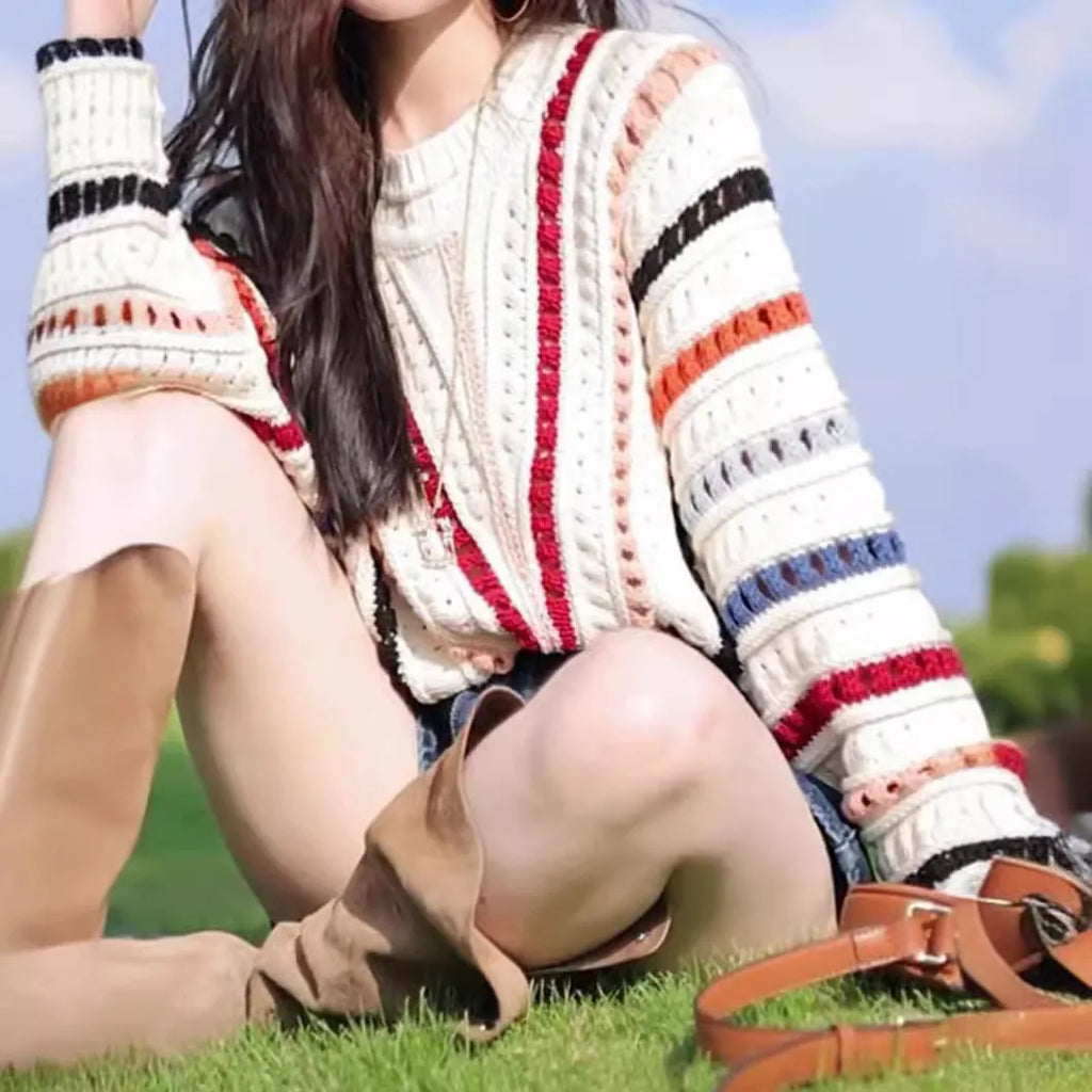 Retro rainbow striped loose pullover sweater with batwing sleeves in Japanese-Korean casual style