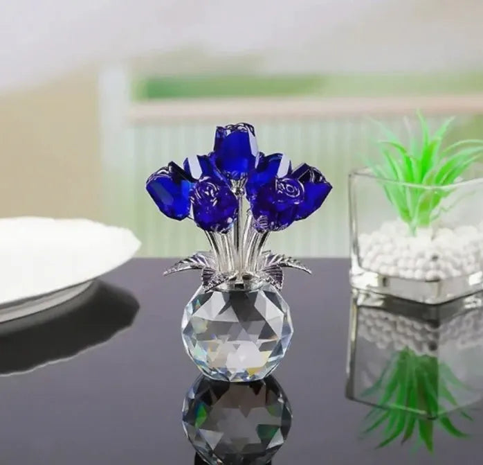 Handcrafted geometric rose ornament made from coloured K9 crystal glass on a neutral background.