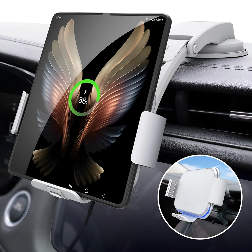 Grey wireless charging car phone holder with folding screen on car dashboard