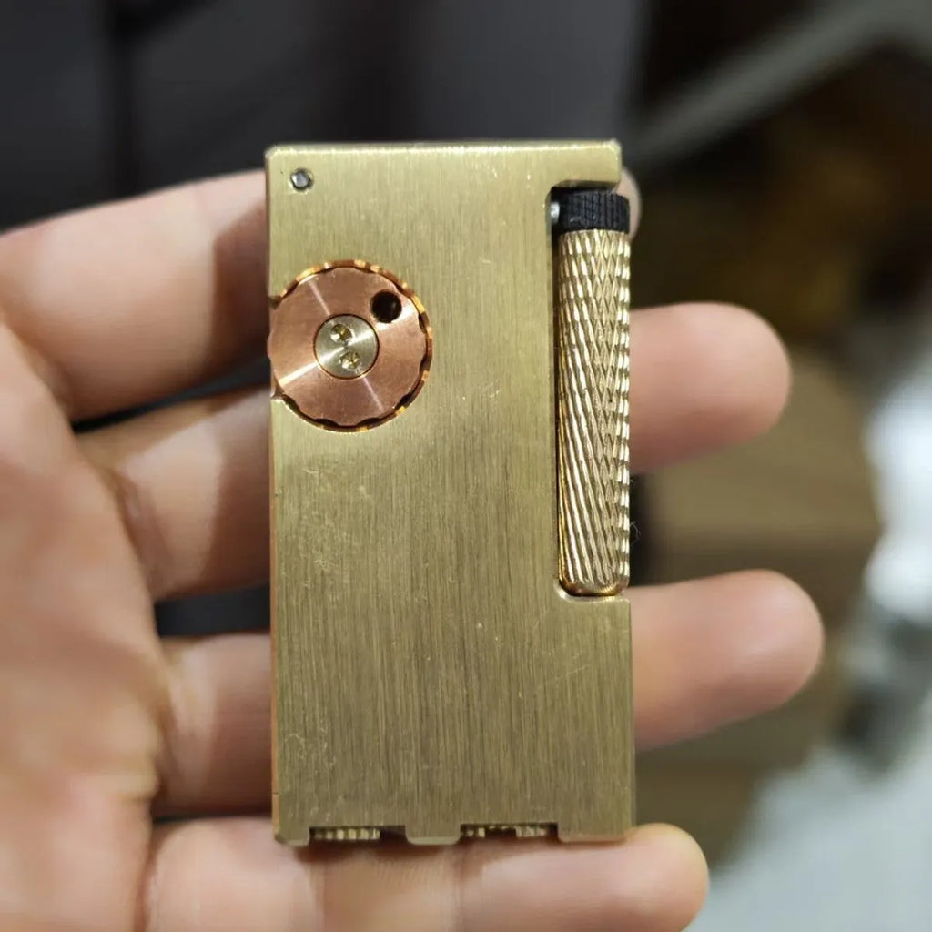 Brass fire machine arm lifting kerosene lighter with side sliding ignition and red copper finish