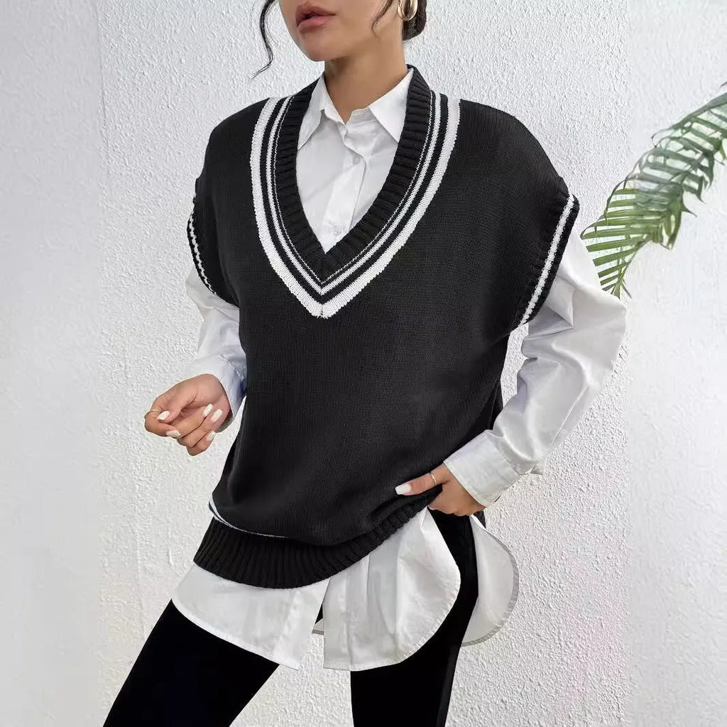 Women's college style wool vest sweater in loose pullover design available in blue coffee black colours