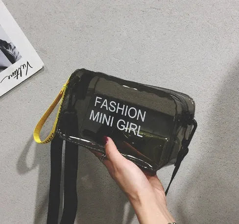 Transparent square jelly shoulder bag with adjustable strap showing mobile phone compartment