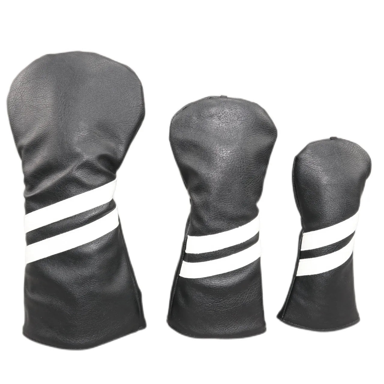 Striped golf club head cover in multiple colours showing three size options for wood rod protection