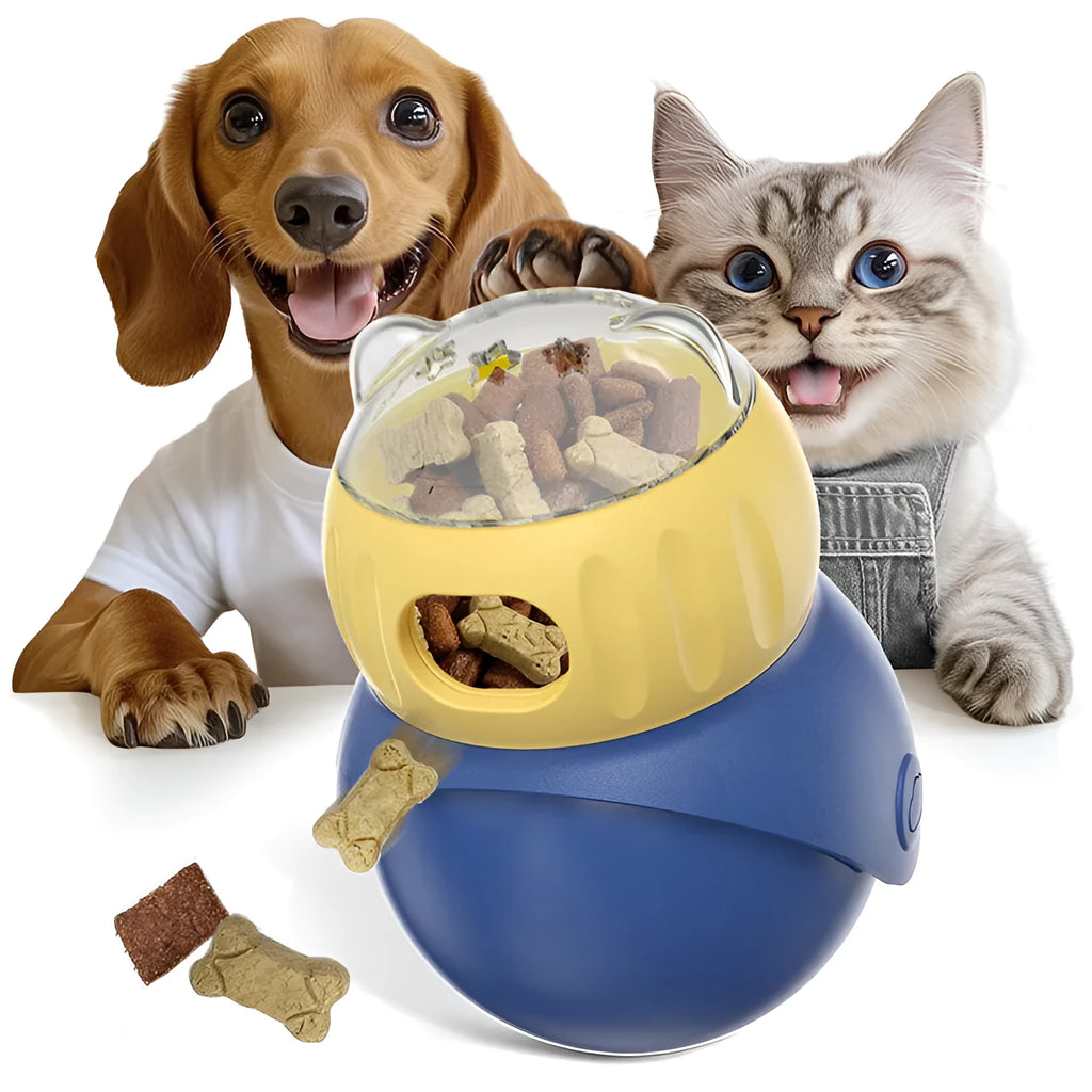 Yellow and blue owl-shaped plastic tumbler cat feeder toy for interactive feeding