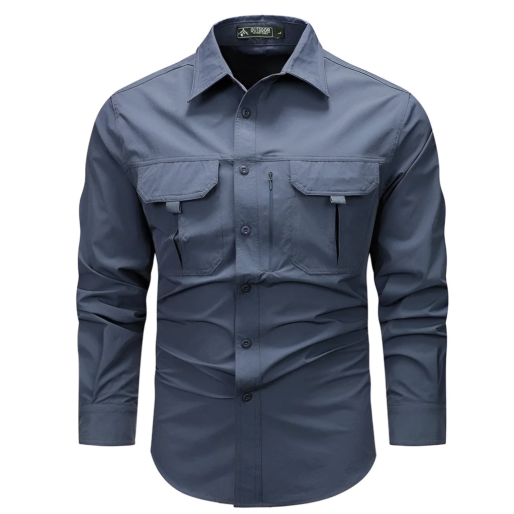 Men's long-sleeved solid colour casual shirt in khaki, regular fit, nylon-blend fabric