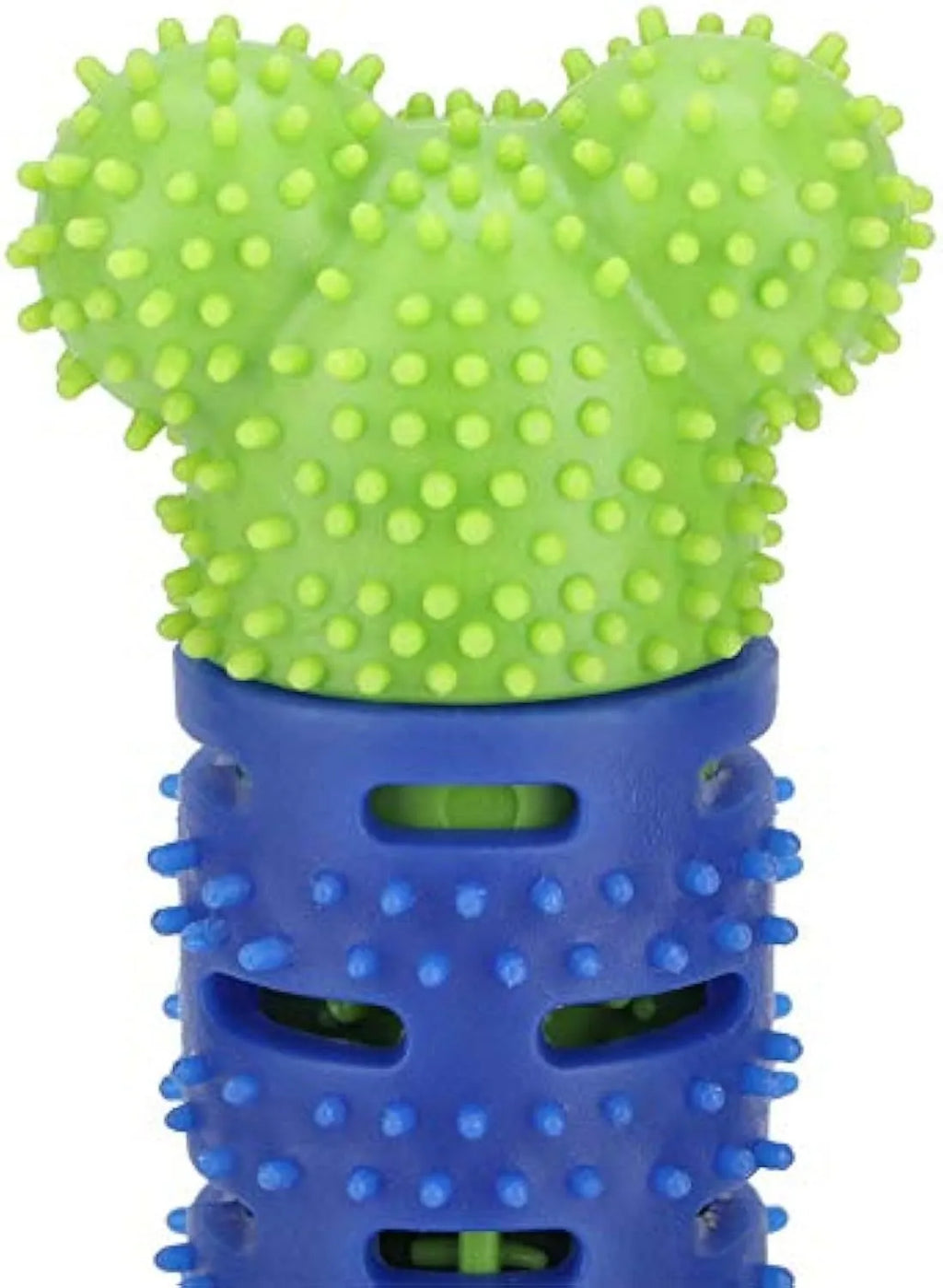 Blue and green silicone dog molar tooth cleaner toy with textured brush head and nodules.