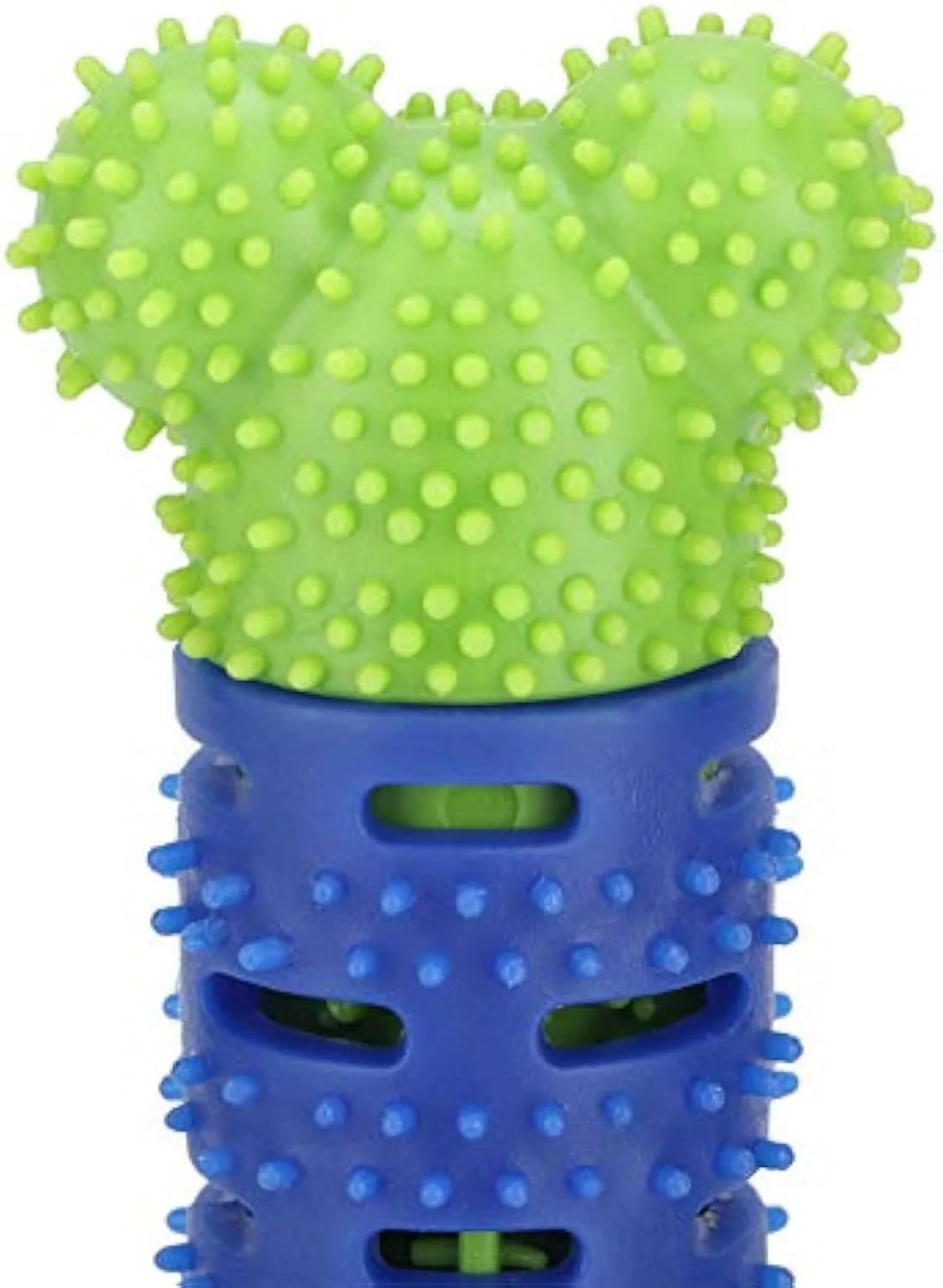 Blue and green silicone dog molar tooth cleaner toy with textured brush head and nodules.