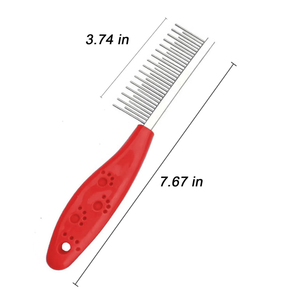 Red pet grooming comb with stainless steel short and long teeth and plastic handle