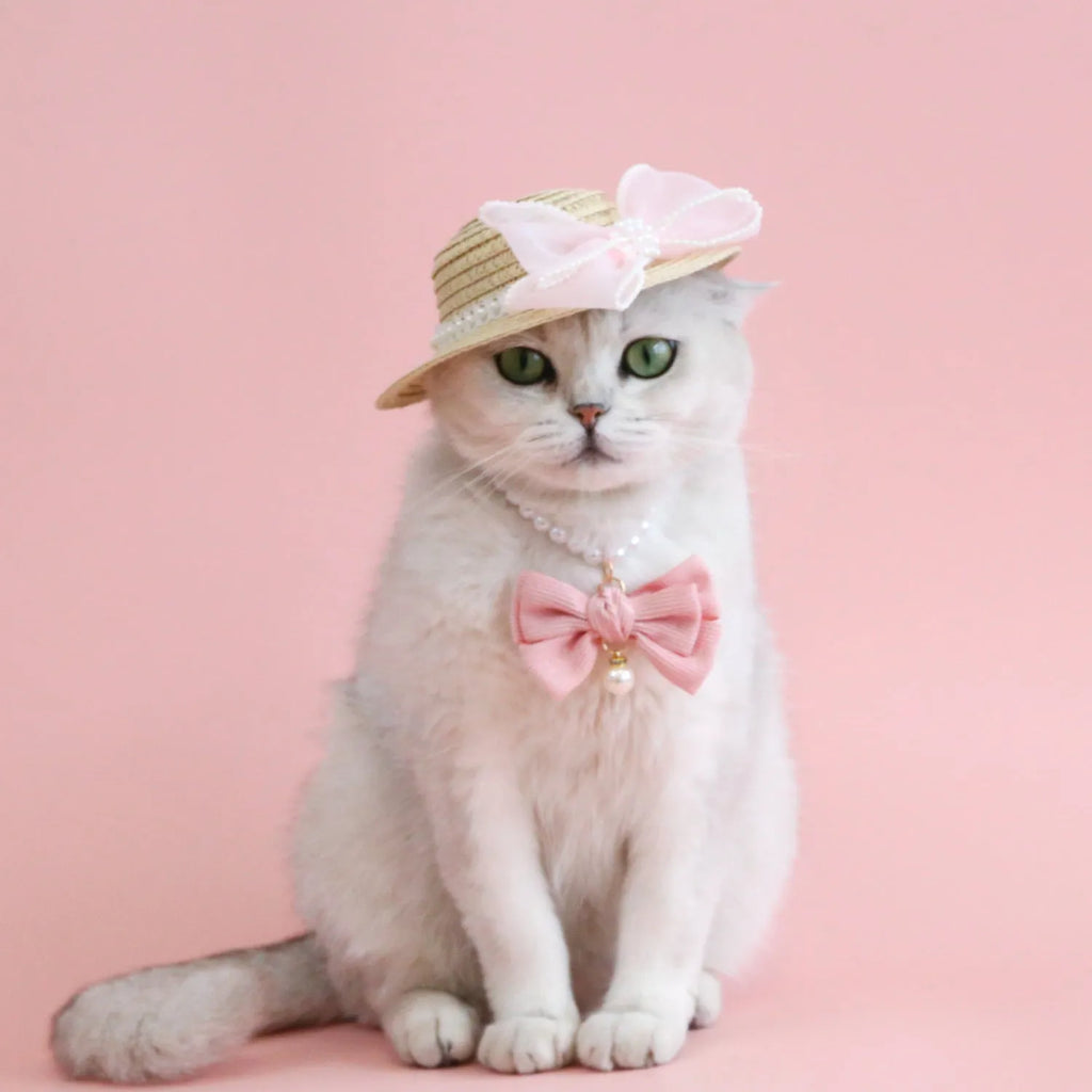 Pink pearl bow woven straw hat for a cat, shown in size S (13cm) on a mannequin head.