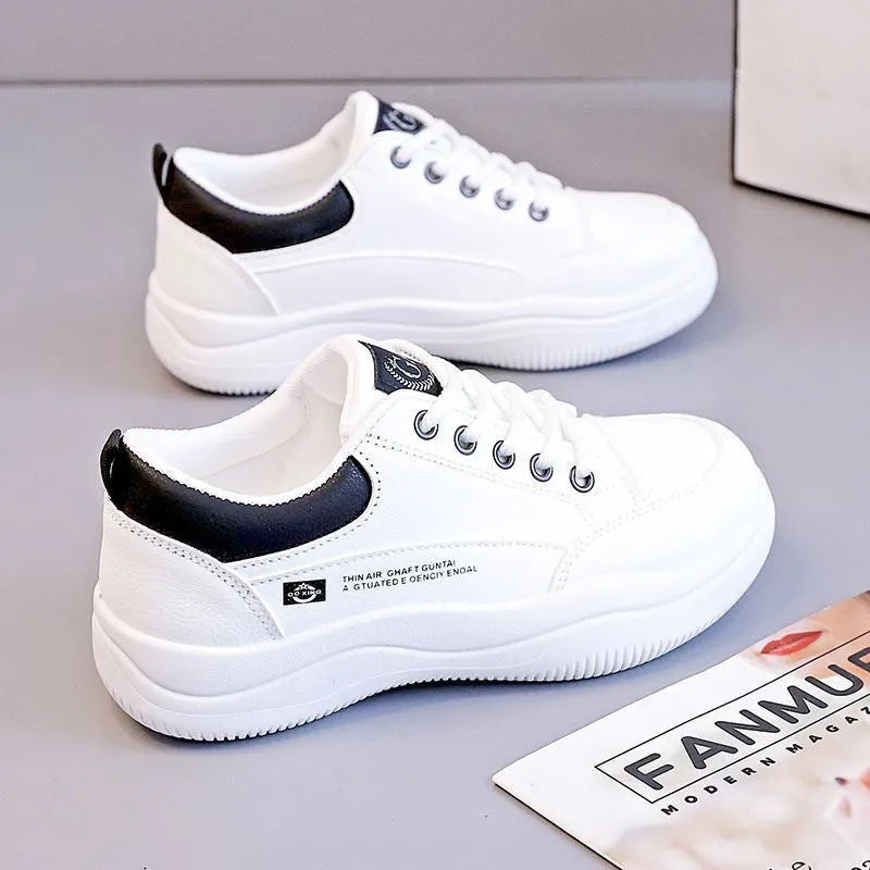 Women's Korean-style white pumps with cross straps and leather stitching on synthetic leather upper