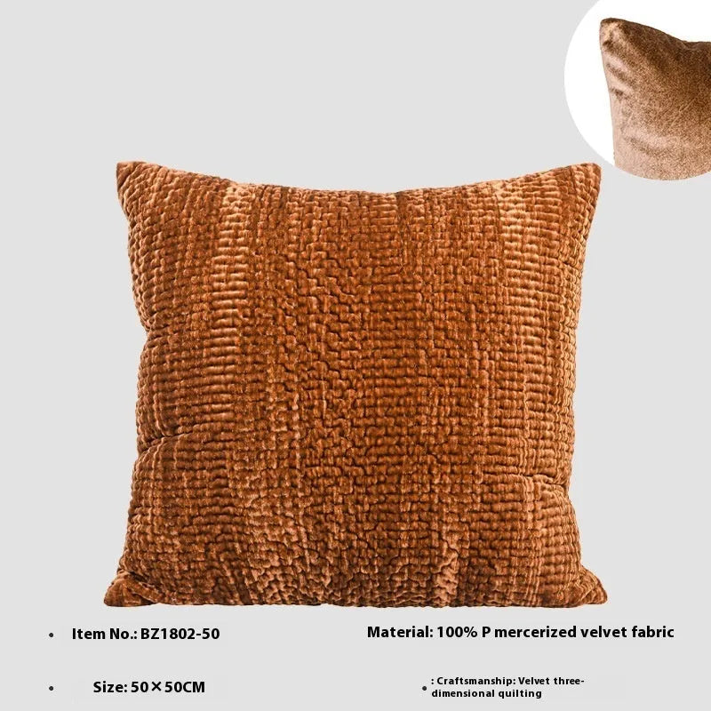 Antique style quilted cushion pillow in mercerised velvet with embossed texture, shown in square and waist pillow sizes