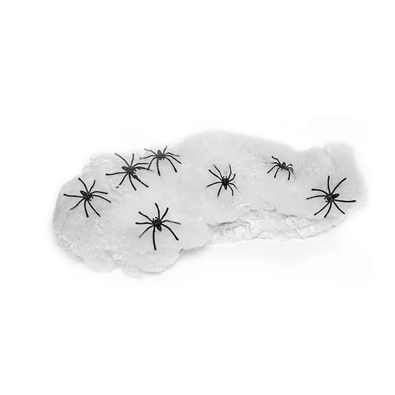 Halloween decoration bundle showing white cotton spiders in various pack sizes for haunted house props