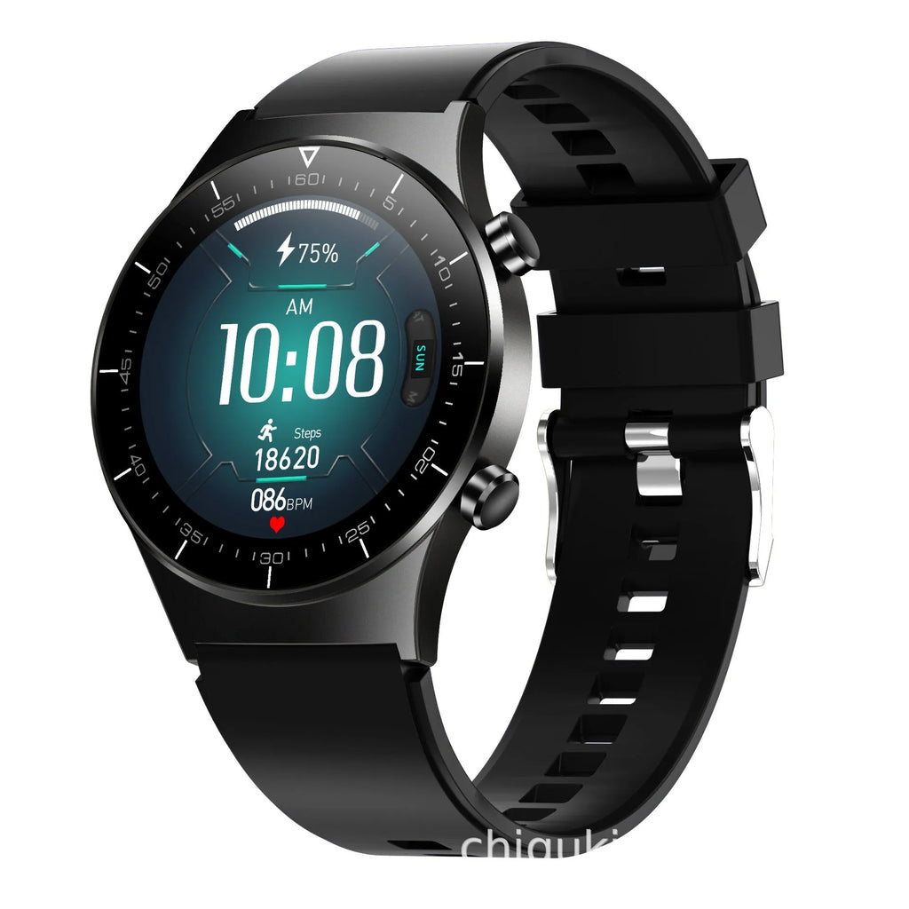 Black smart watch with health monitoring display showing blood pressure and heart rate metrics